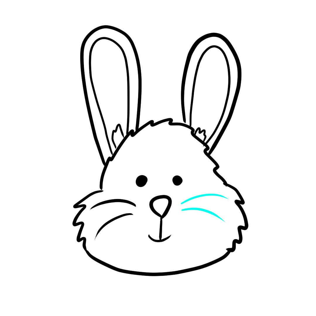 Step 12 of drawing a bunny face showing right whiskers